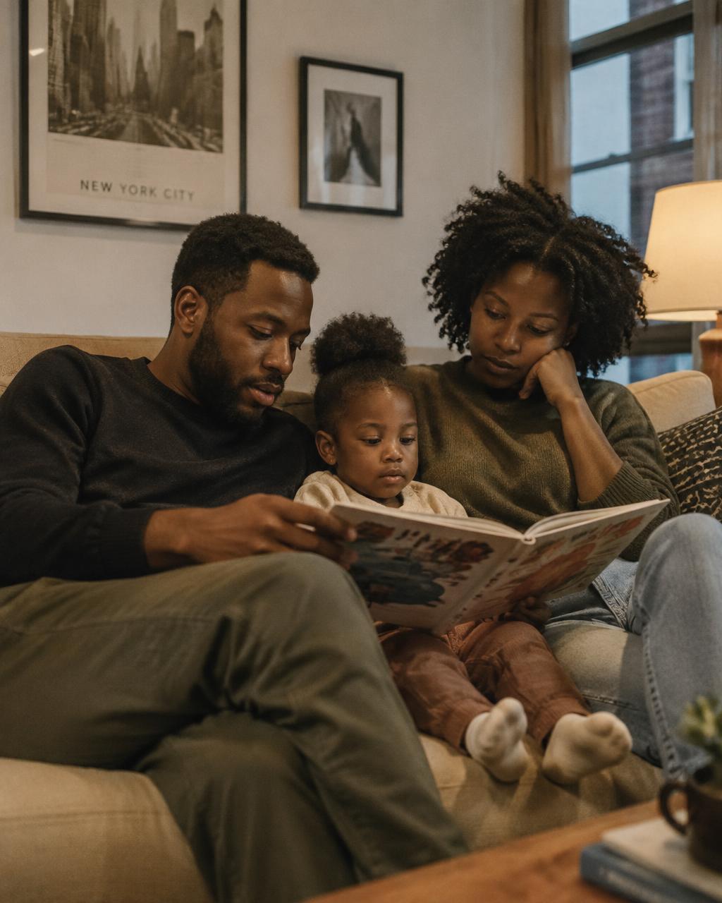 A New York City family reading a picture book together at home
